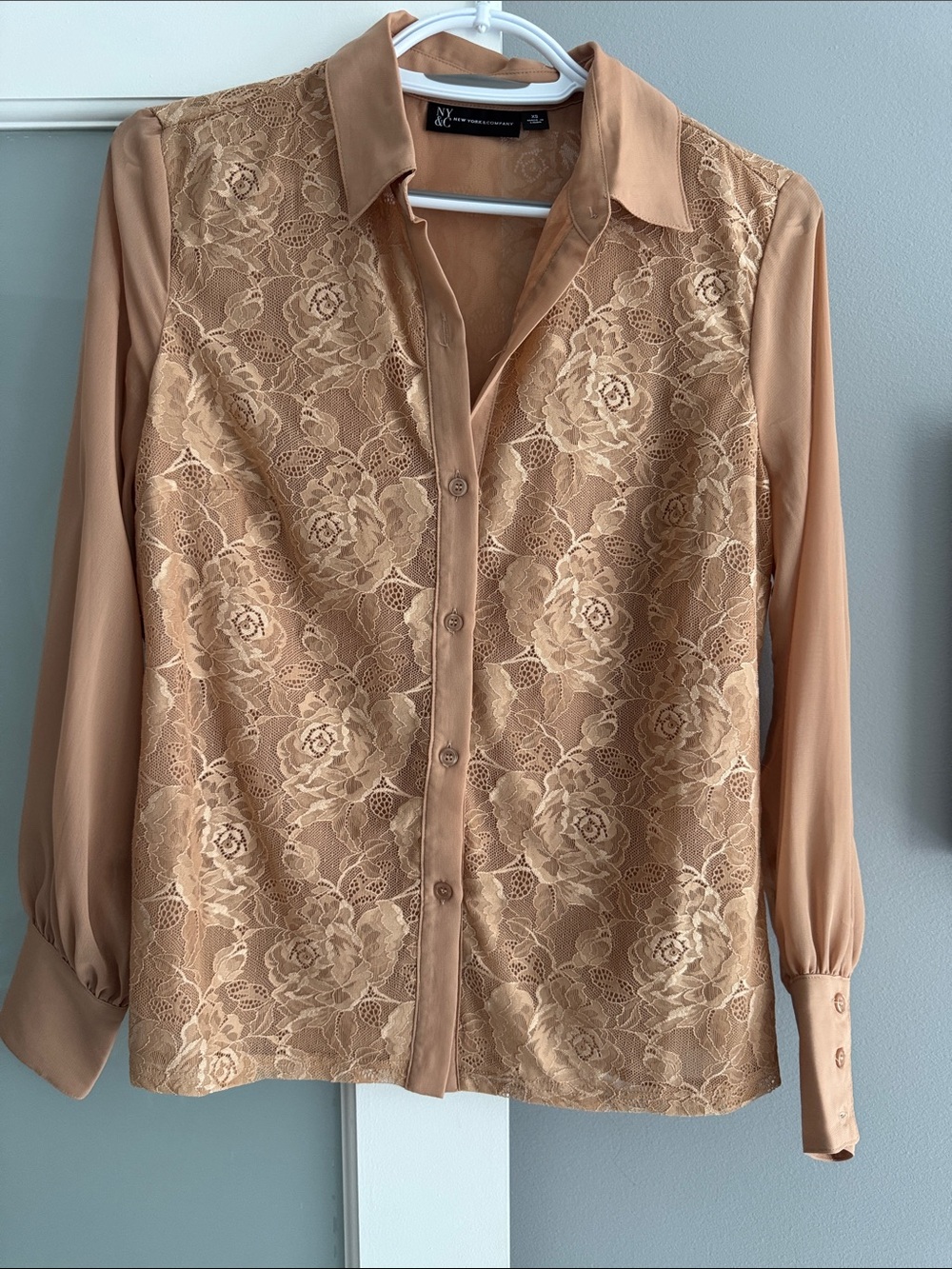 Ny&C Womens Lace Front Button-Up Blouse - Camel